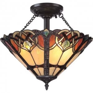 2 Light Semi Flush Ceiling Light Vintage Bronze, Tiffany Glass, E27