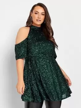 Yours Sequin Choker Cold Shoulder, Green, Size 14, Women