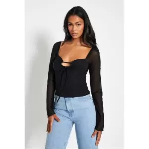 I Saw It First Slinky Ring Front Mesh Sleeve Top - Black