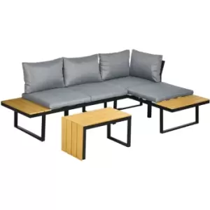 Outsunny 3PCs Patio Furniture Set w/ Cushions, Wood Grain Plastic Top Table - Dark Grey