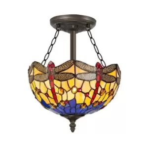 3 Light Semi Flush Ceiling E27 With 30cm Tiffany Shade, Blue, Orange, Crystal, Aged Antique Brass - Luminosa Lighting