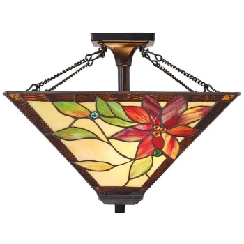 Interiors Lelani - 2 Light Medium Semi Flush Ceiling Light Bronze, Tiffany glass, E27