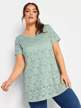 Yours Broderie Swing T-Shirt, Green, Size 22-24, Women