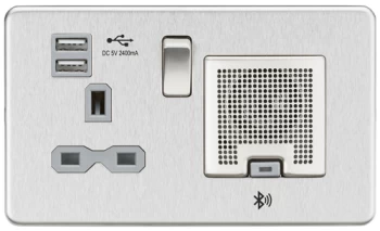 KnightsBridge Screwless 13A socket, USB chargers (2.4A) and Bluetooth Speaker - Brushed chrome with grey insert