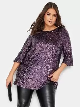 Yours Sequin Flute Sleeve Top, Purple, Size 14, Women