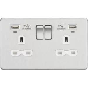 MLA Knightsbridge 13A 2 Gang Socket Dual USB (2.4A) W/LED Charge Indicators Brushed Chrome W/White Insert - SFR9904NBCW