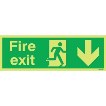 Fire Exit Arrow Down Photoluminescent Vinyl Sign - 450 X 150MM - Sitesafe
