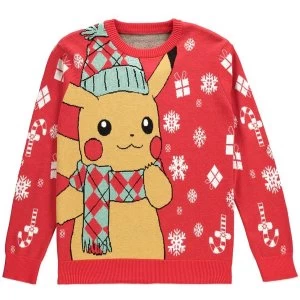 POKEMON - Pikachu with All-Over Xmas Design Mens X-Large Sweatshirt - Red