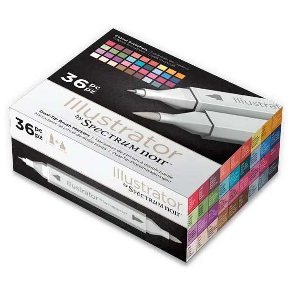 Spectrum Noir Illustrator Dual Tip Brush Marker Pen Set Box Colour Essentials Pack of 36