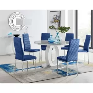 Furniturebox UK - Furniturebox Giovani Grey 120cm Round Dining Table and 6 Navy Velvet Milan Dining Chairs With Silver Legs