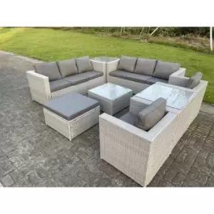 Fimous 8 Seater Outdoor Light Grey PE Rattan Wicker Complete Sofa Set with Square Coffee Table and Big Footstool