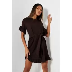 I Saw It First Tie Waist Frill Detail Dress - Brown