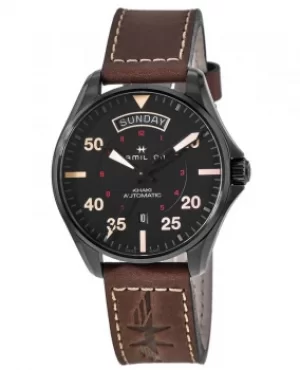 Hamilton Khaki Aviation Pilot Auto Black Dial Brown Leather Strap Mens Watch H64605531 H64605531