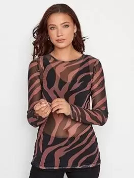 Long Tall Sally Brown Zebra Print Mesh Long Sleeve Top, Brown, Size 14, Women