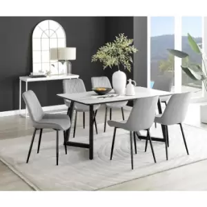 Furniturebox UK - Furniturebox Carson White Marble Effect Rectangular 160cm Dining Table & 6 Grey Pesaro Black Leg Velvet Chairs