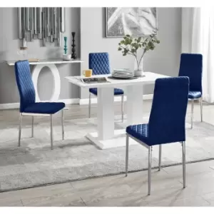 Furniturebox Imperia 4 High Gloss White Modern Dining Table and 4 Navy Milan Faux Leather Dining Chairs With Silver Legs Diamond Stitch Modern