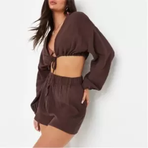 Missguided Textured Tie Front Beach Cover Up Top - Brown