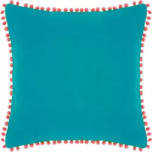 Paoletti Velvet Pompom Cushion Teal/Coral - Teal/Coral