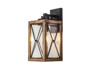 Large Wall Lamp, 1 x E27, Wood Effect & Black, Clear Glass, IP54, 2yrs Warranty