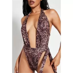 I Saw It First Brown Leopard Print Deep Plunge Tie Waist Swimsuit - Brown