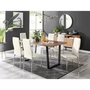 Furniture Box Kylo Brown Wood Effect Dining Table and 6 Cream Velvet Milan Chairs