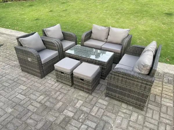 Fimous 6 Seater Outdoor Dark Grey Rattan Lounge Complete Sofa Set with Reclining Chair, Coffee Table and 2 Stools