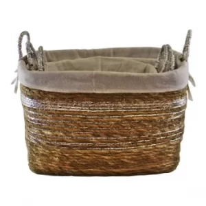 Set Of 3 Fabric Lined Raffia & Silver Baskets