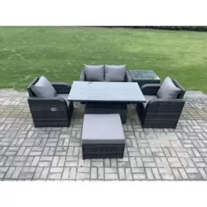 Fimous 4 Seater Outdoor Dark Grey Rattan Lounge Complete Sofa Set with Adjustable Dining Table and Big Footstool