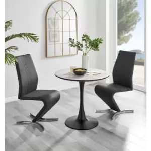 Furniturebox UK - Furniturebox Elina White Marble Effect Modern 80cm Round Dining Table & 2 Black Willow Faux Leather Chairs