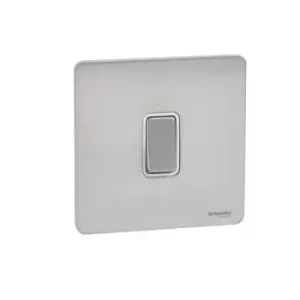 Schneider Electric Ultimate Screwless Flat Plate - Single Rocker 2 Way Light Switch, Single Pole, 16AX, GU1412WSS, Stainless Steel with White Insert