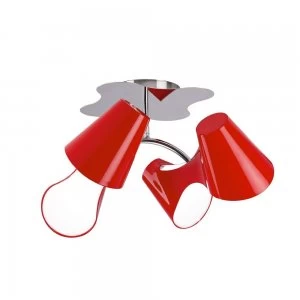 Ceiling 2 Arm 4 Light E27, Gloss Red, White Acrylic, Polished Chrome