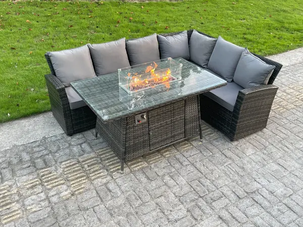 Fimous High Back 6 Seater Outdoor Rattan Corner Sofa Set with Gas Fire Pit Dining Table and Gas Heater, Dark Grey