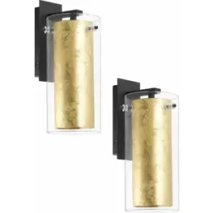 2 pack Wall Light Colour Black Back Plate Shade Gold Inner Clear Glass E27 40W