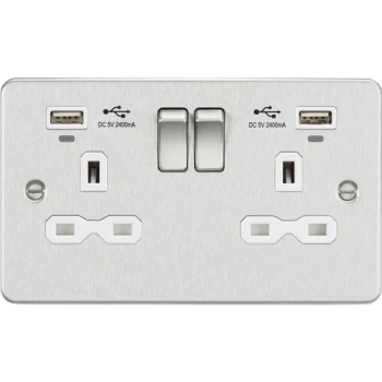 KnightsBridge Flat Plate 13A 2G switched socket with USB chargers (2.4A) - Brushed Chrome with white insert