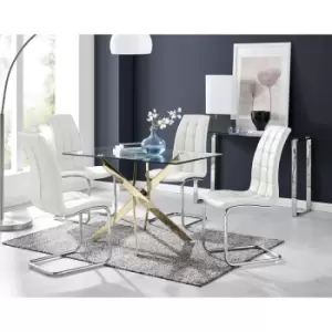 Furniturebox Leonardo 120cm Modern Glass And Gold Metal Leg Dining Table And 4 White Murano Faux Leather Silver Chrome Leg Dining Chairs