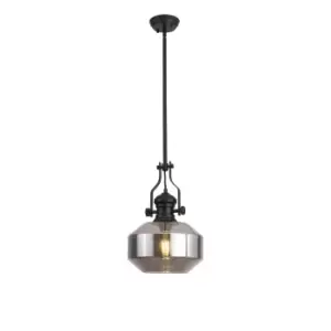 Worcester Single Ceiling Pendant, E27, Round Champfered Glass, Matt Black, Smoke