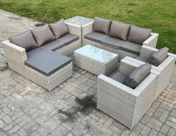 Fimous 8 Seater Outdoor Light Grey PE Rattan Lounge Complete Sofa Set with Coffee Table and Big Footstool