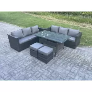 Fimous 6 Seater Outdoor Dark Grey Mixed Rattan Lounge Complete Sofa Set with Rectangular Dining Table and 2 Stools