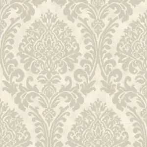 Grandeco Cream Chenille Textured Distressed Metallic Damask Wallpaper