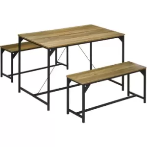 HOMCOM Dining Table and Bench Set for 4, Modern Kitchen Table & 2 Benches - Natural wood finish