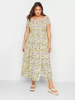 Yours Shirred Bardot Maxi Dress Pretty Floral, Pink, Size 26-28, Women