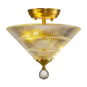 Luminosa Talisa 2 Light Semi Flush Ceiling Lamp E27 With Cone 30cm Glass Shade Satin Gold, Clear