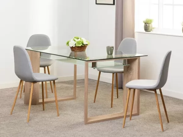 Seconique Milan Glass and Oak Dining Table and 4 Barley Grey Fabric Chairs