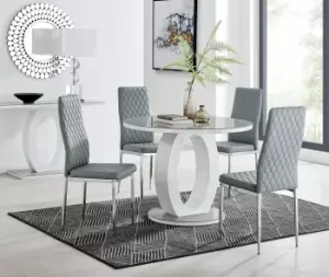 Giovani Round 4 Seat 100cm White High Gloss Halo Base Grey Glass Top Dining Table 4 Soft Faux Leather Silver Leg Milan Chairs