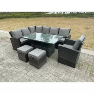 Fimous 9 Seater Dark Grey Rattan Garden Furniture Corner Sofa Set with Adjustable Table and 2 Stools