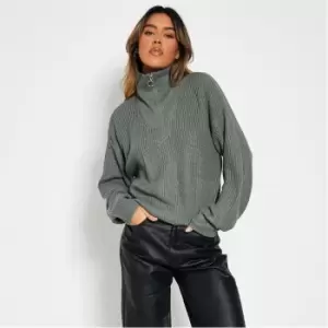 I Saw It First Half Zip Funnel Neck Rib Knit Jumper - Green