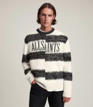 AllSaints Mens Wool Colour Block Lexi Saints Crew Jumper, White and Black, Size: L