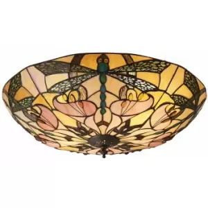 Loops - Tiffany Glass Semi Flush Ceiling Light Dragonfly Round Inverted Shade i00032