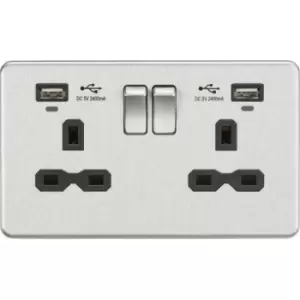 MLA Knightsbridge 13A 2 Gang Socket Dual USB (2.4A) W/LED Charge Indicators Brushed Chrome W/Black Insert - SFR9904NBC