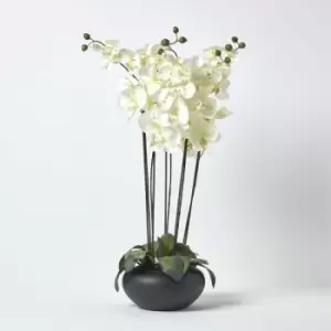 Homescapes - Large Oriental Style Cream Orchids in Black Bowl - Natural